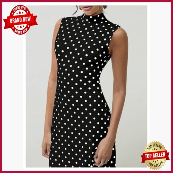 Maxi Tank Dress Polka Dots Mock Neck Sleeveless Bodycon Mermaid Fishtail - Picture 4 of 7